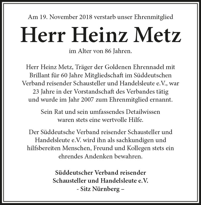 Traueranzeige Heinz Metz