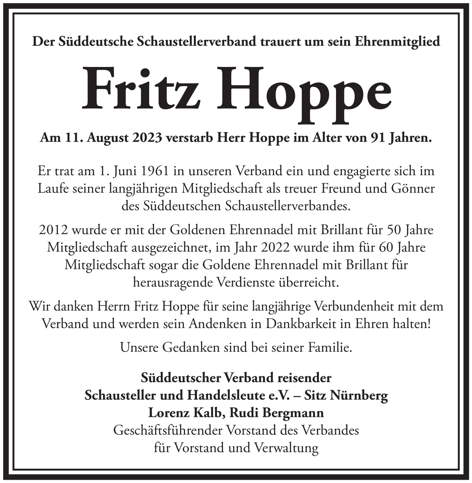 Traueranzeige Fritz Hoppe
